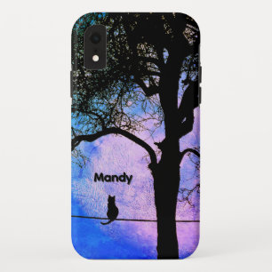 Eine schwarze Katze auf einem Draht mit Vollmondna Case-Mate iPhone Hülle