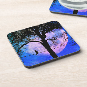 Eine schwarze Katze auf einem Draht Vollmond Getränkeuntersetzer