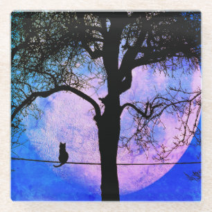 Eine schwarze Katze auf einem Draht Vollmond Glasuntersetzer