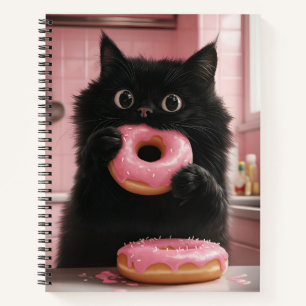 Eine schwarze Katze hält rosa Donuts in ihren Pfot Notizbuch