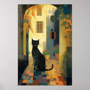 Eine schwarze Katze im mediterranen Dorf Poster