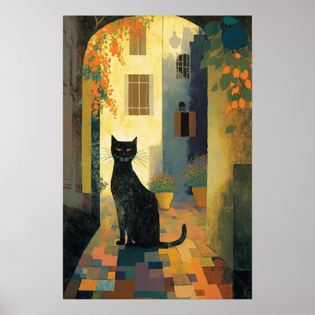 Eine schwarze Katze im mediterranen Dorf Poster (Vorne)