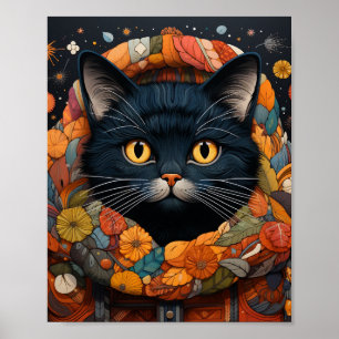 Eine schwarze Katze in einem BlumenSweater Poster