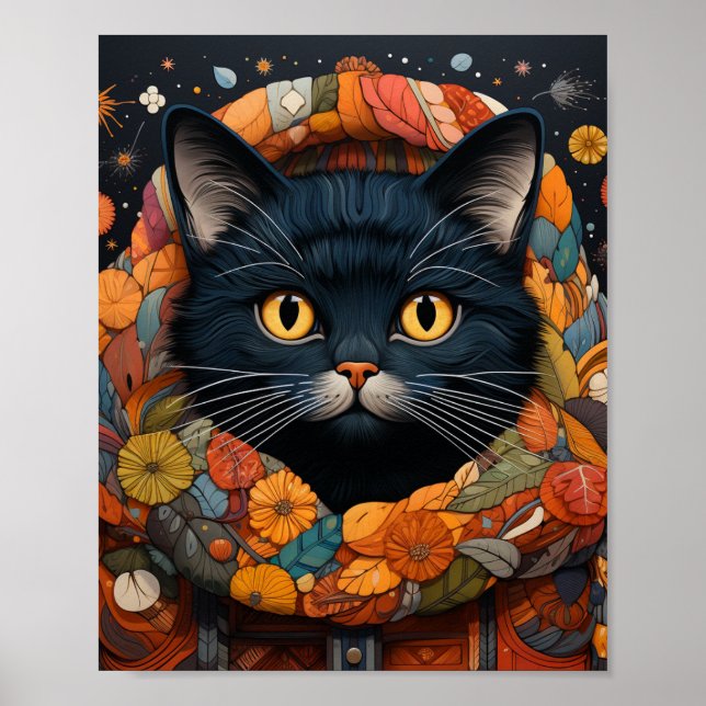 Eine schwarze Katze in einem BlumenSweater Poster (Vorne)