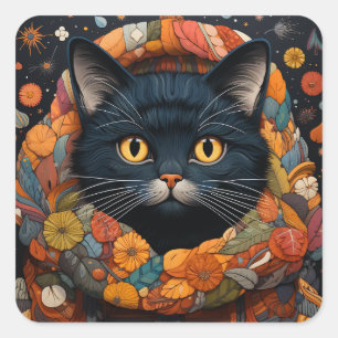 Eine schwarze Katze in einem BlumenSweater Quadratischer Aufkleber