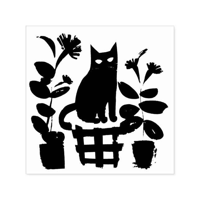 Eine schwarze Katze mit Hauspflanzen Permastempel (Design)