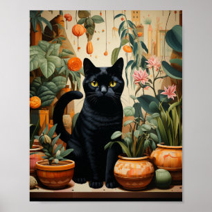Eine schwarze Katze mit Hauspflanzen Poster