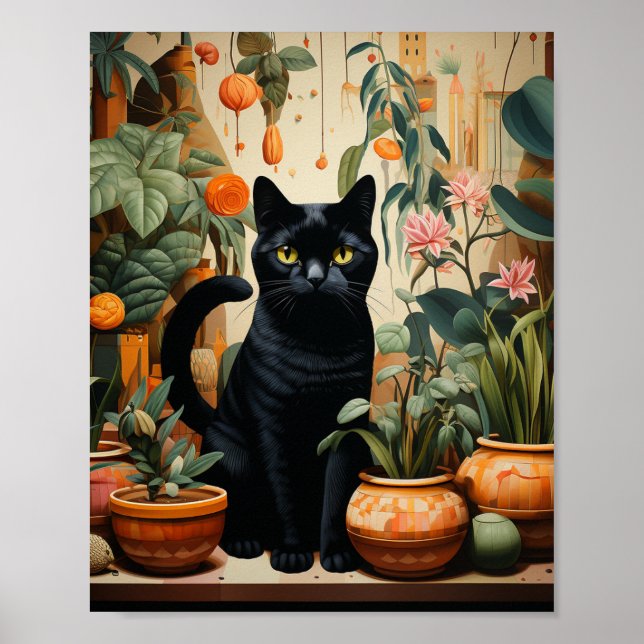 Eine schwarze Katze mit Hauspflanzen Poster (Vorne)