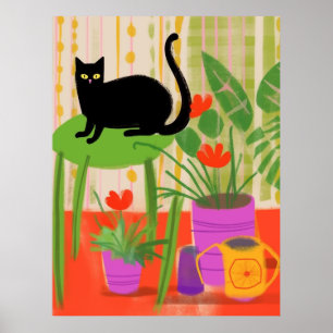 Eine schwarze Katze mit Hauspflanzen Poster