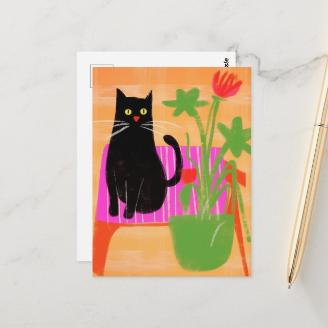 Eine schwarze Katze mit Hauspflanzen sitzt auf ros Postkarte (Vorderseite/Rückseite Beispiel)