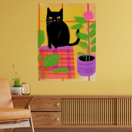 Eine schwarze Katze mit Kariertem Houseplant Poster
