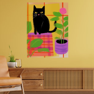 Eine schwarze Katze mit Kariertem Houseplant Poster