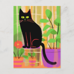 Eine schwarze Katze mit Kariertem Houseplant Postkarte