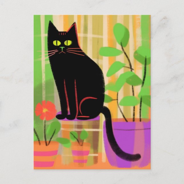 Eine schwarze Katze mit Kariertem Houseplant Postkarte (Vorderseite)