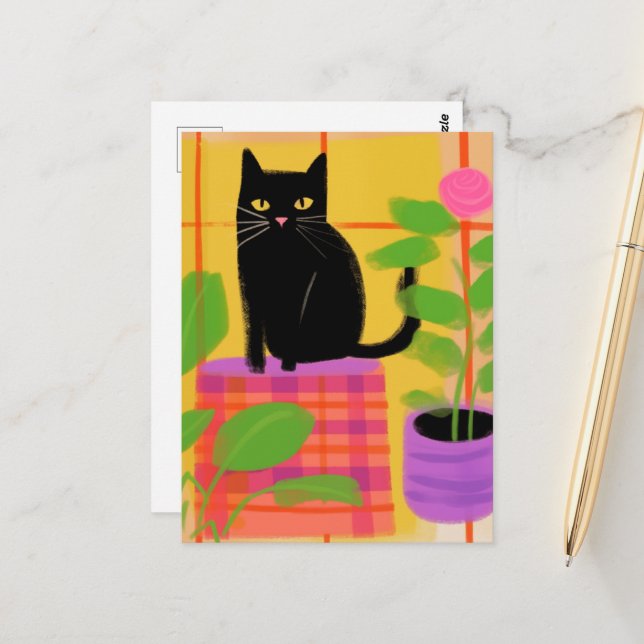 Eine schwarze Katze mit Kariertem Houseplant Postkarte (Vorderseite/Rückseite Beispiel)