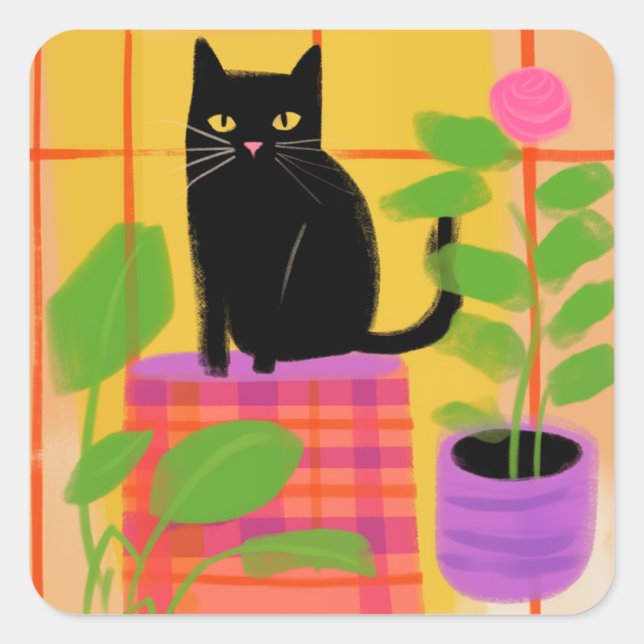 Eine schwarze Katze mit Kariertem Houseplant Quadratischer Aufkleber (Vorderseite)