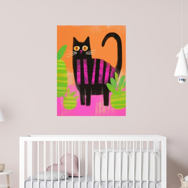 Eine schwarze Katze mit rosa Streifen und Häusern Poster (Kinderzimmer 2)