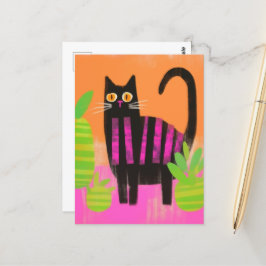 Eine schwarze Katze mit rosa Streifen und Häusern Postkarte