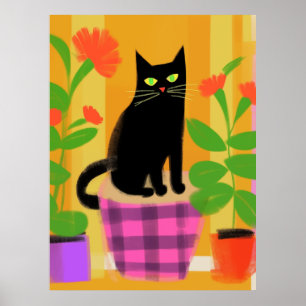 Eine schwarze Katze mit rosafarbenen Hauspflanzen, Poster