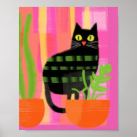 Eine schwarze Katze mit rötlich-rosa-grünem Orange