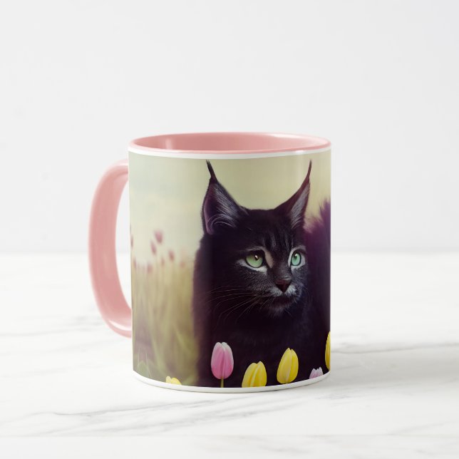 Eine schwarze Katze Tiptos durch die Tulpen - Tass Tasse (Vorderseite Links)
