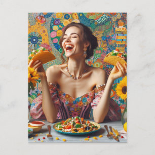 Eine sehr glückliche Frau mit Tacos Postkarte