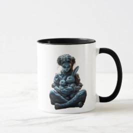 Eine seltsame Puppe mit seltsamen Hasen. Tasse