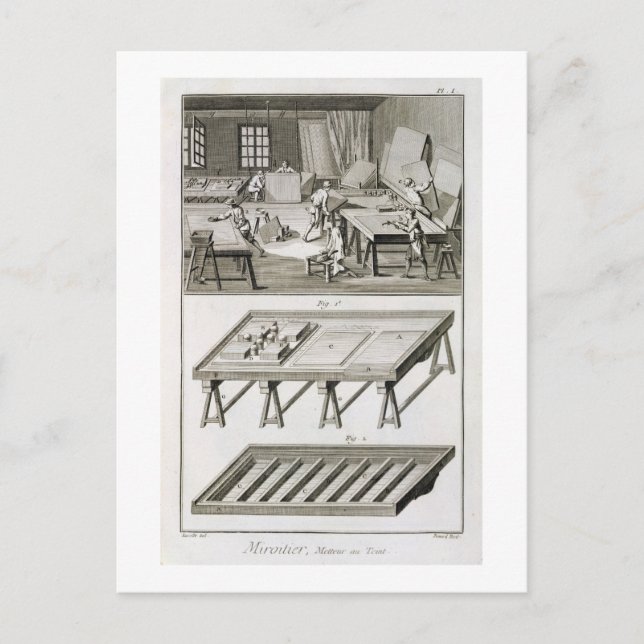 Eine Spiegelmacher-Werkstatt und Werkzeuge, von de Postkarte (Vorderseite)