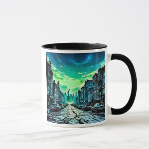 Eine städtische Straße unter einem bedrohlichen Hi Tasse