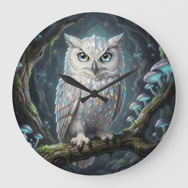 Eine strahlend weiße Eule. Große Wanduhr (Vorderseite)
