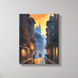 eine Straße mit Gebäude und Menschen, die darauf g Leinwanddruck