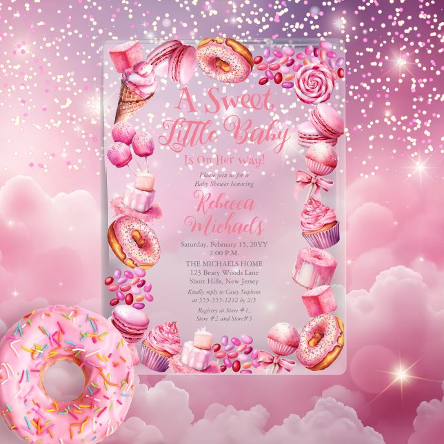 Eine süße kleine Babycreme-Rahmen-Girl-Babydusche Acryleinladungen ("A Sweet Little Baby" Candy Frame Girl Baby Shower Acrylic Invitations)