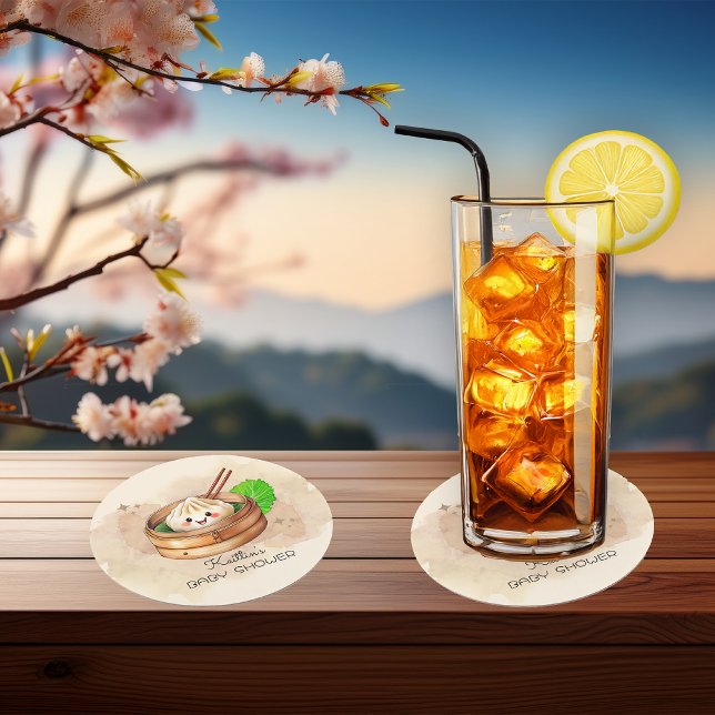 Eine süße kleine dumme Kwai Theme Babydusche Runder Pappuntersetzer ("A Sweet Little Dumpling Is On The Way!" Kwai Steamed Dumpling Baby Shower Coasters)