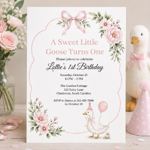Eine süße kleine Gans rosa Schleife 1. Geburtstag Einladung