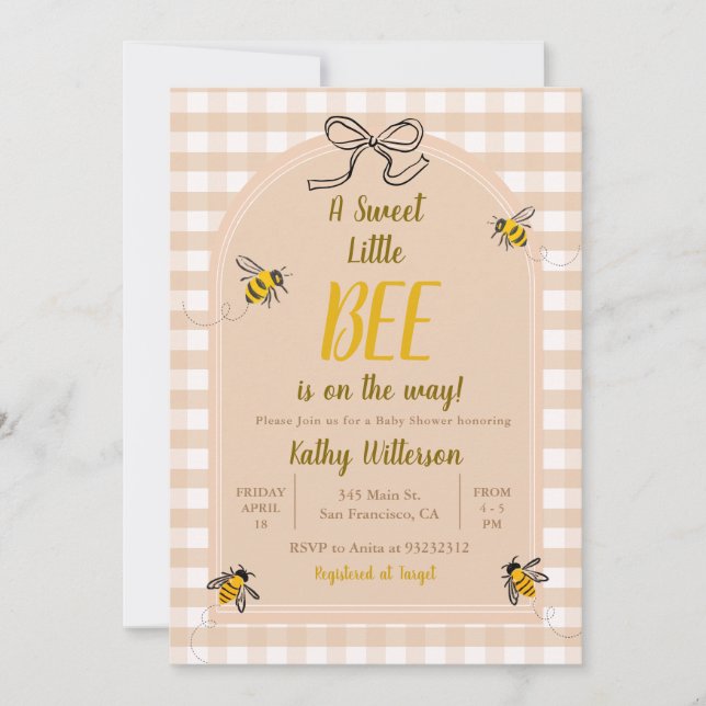 Eine süße kleine Honey Bee Gingham Baby Dusche Einladung (Vorderseite)