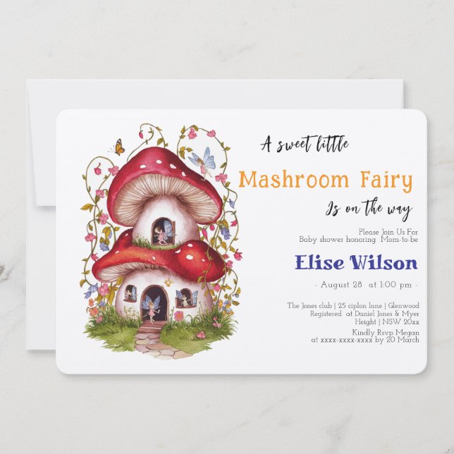Eine süße, kleine Mashroom-Fee ist unterwegs Einladung (Vorderseite)