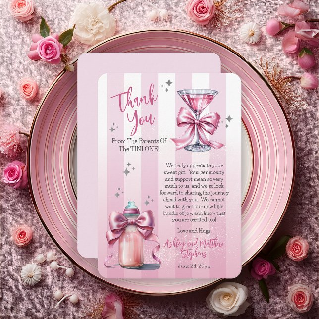Eine süße Tini-One-Pink-Coquette-Girl-Babydusche Dankeskarte (Coquette Bows Martini | Bottle Girl Baby Shower Thank You Flat Card - "A Sweet Tini One" Collection)