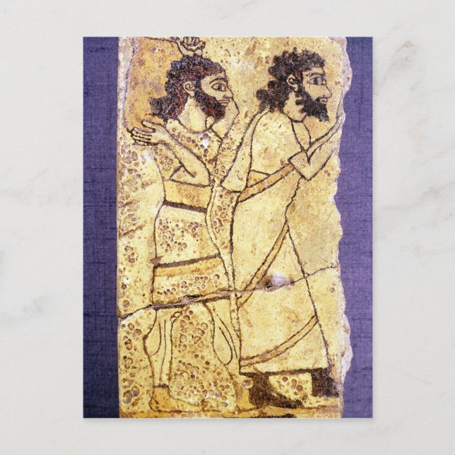 Eine Tafel mit zwei Männern, die laufen Postkarte (Vorderseite)