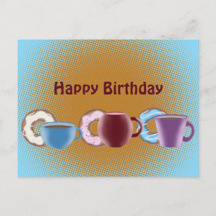 Eine Tasse Kaffee und ein süßer Donut Happy Birthd Postkarte
