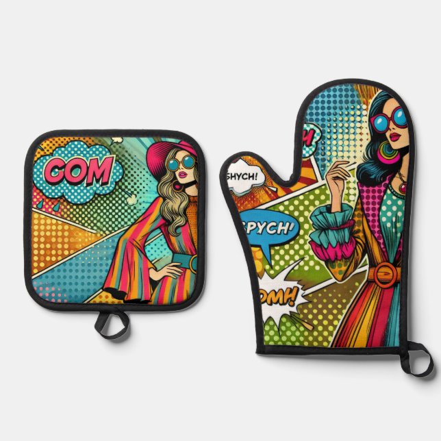 Eine trendige Illustration im Retro-Pop-Stil Ofenhandschuh & Topflappen-Set (Vorderseite)