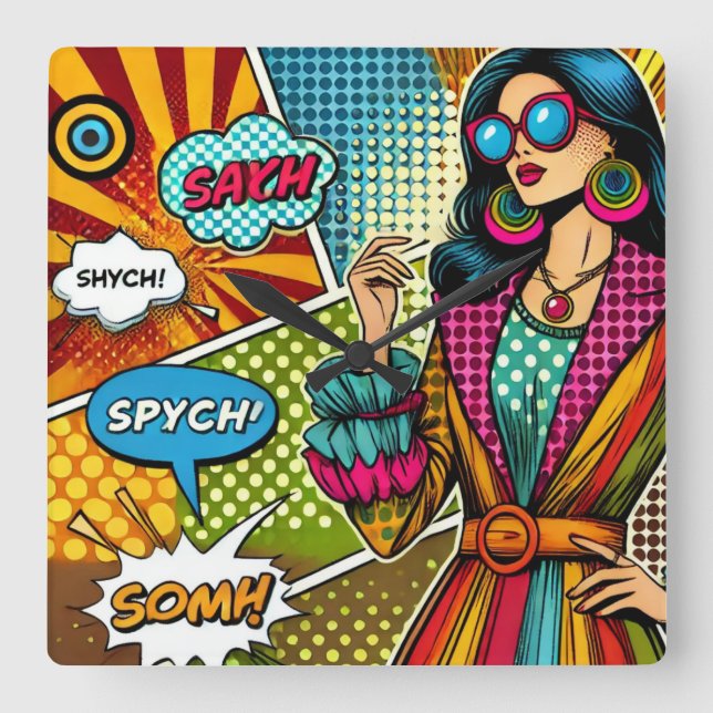 Eine trendige Illustration im Retro-Pop-Stil Quadratische Wanduhr (Vorderseite)