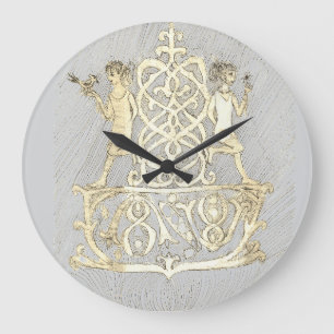 Eine Tuschelinienzeichnung, die zwei Figuren darst Große Wanduhr