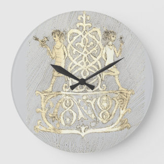 Eine Tuschelinienzeichnung, die zwei Figuren darst Große Wanduhr