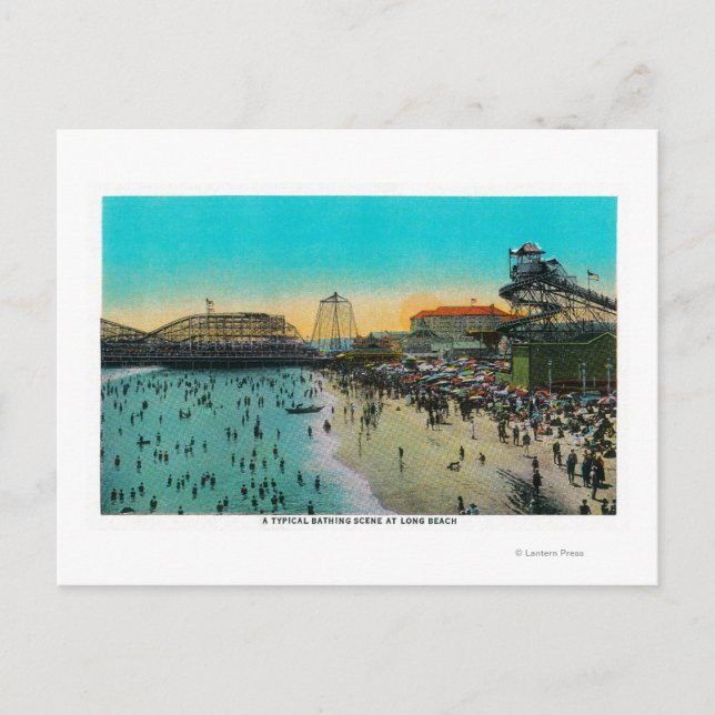 Eine typische Badekulisse an Long Beach Postkarte (Vorderseite)