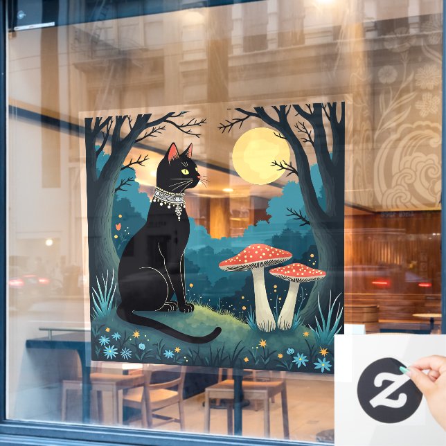 Eine vertraute schwarze Katze und Giftpilze Hallow Fensteraufkleber (Café-Fenster)