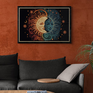 Eine Vintage Art Psychedelic Sun und Moon Ai Art Poster