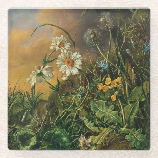 Eine Waldfläche mit Daisies, Primrosen, ... Glasuntersetzer (Vorderseite)