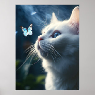 Eine weiße Katze mit blauen Augen sieht einem Schm Poster