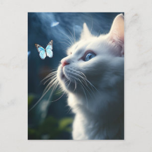 Eine weiße Katze mit blauen Augen sieht einem Schm Postkarte