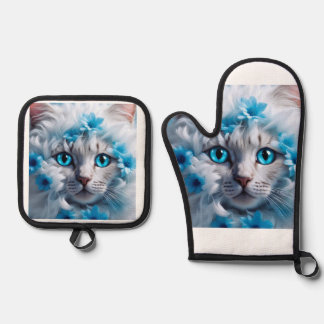 Eine weiße Katze schöne Augen Ofenhandschuh & Topflappen-Set